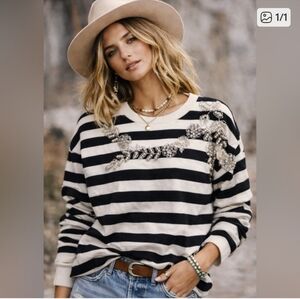 Striped Black and White With Stunning Pearl And Rhinestone  Women's Top